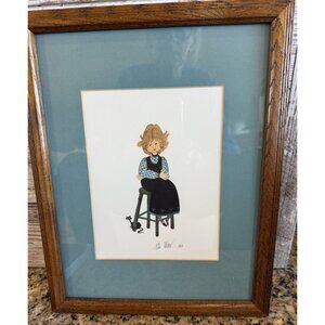 P Buckley Moss Print Girl On Stool W/ Cat Signed Matted & Framed 650/1000 1988